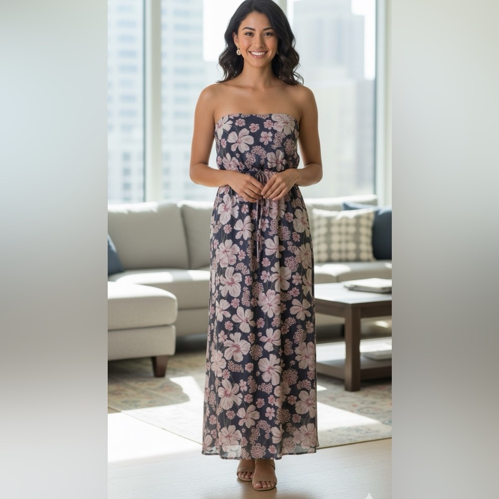 Blu Ivy Pink Floral Strapless Jersey Tube Maxi Dress Small/Medium- Read info
